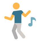 Cartoon person dancing with music symbol