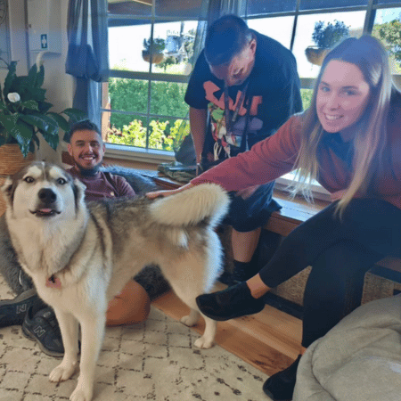 Group of friends and a dog